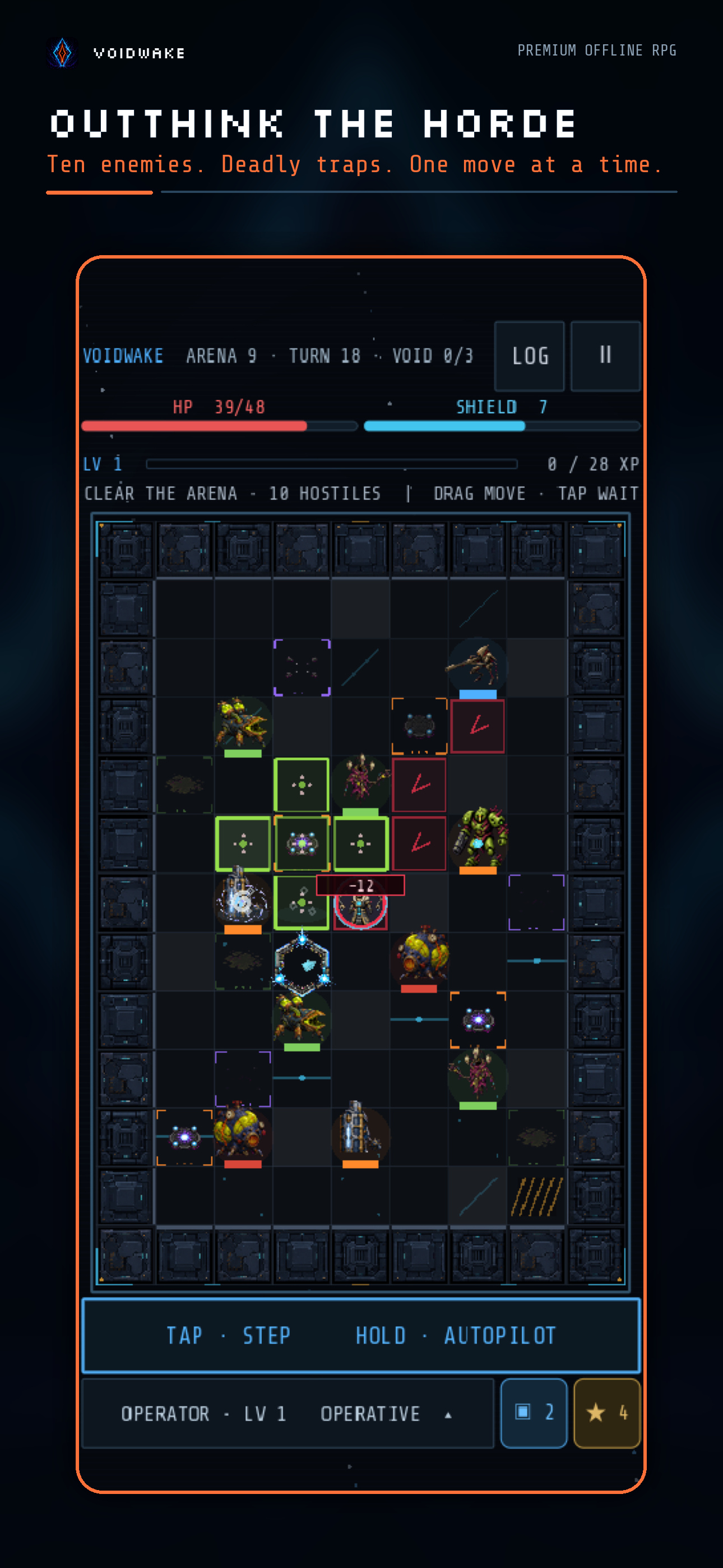 A crowded VOIDWAKE combat arena with enemies, hazards, and effects